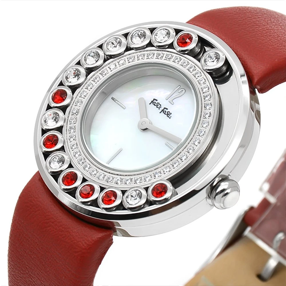 Luxury Gift Stainless Steel Genuine Leather Mop Dial Lady Wrist Quartz Watch