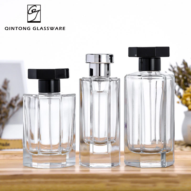 Wholesale/Supplier 50ml 100ml Hexagonal Cosmetics Fragrance Glass Packaging Perfume Bottle with Black and Silver Cap