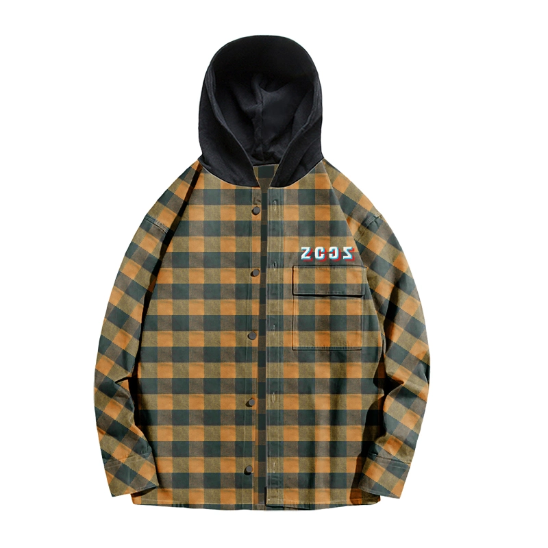 Custom Snap Silk Screen Print Logo Cotton Loose Fit Woven Hooded Flannel Shirt