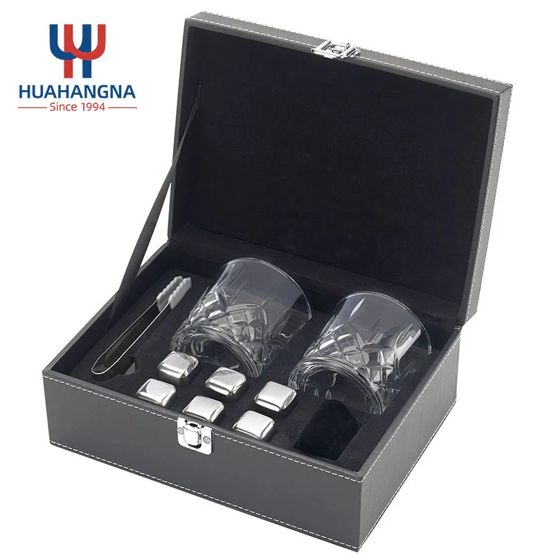 Whiskey Stone Gift Set 2 Pack Custom Logo Crystal Whiskey Glasses Set with 6 Stainless Steel Stones and Tong in Leather Box
