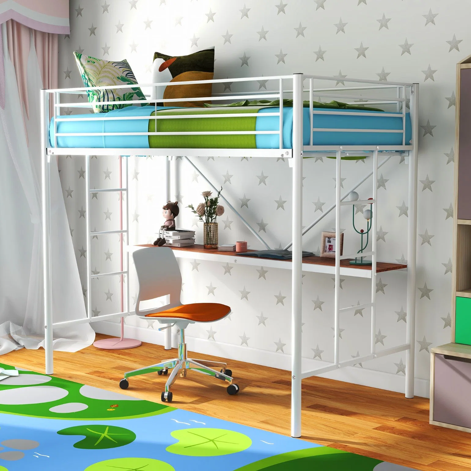 White High and Low Bunk Bed for Student Children