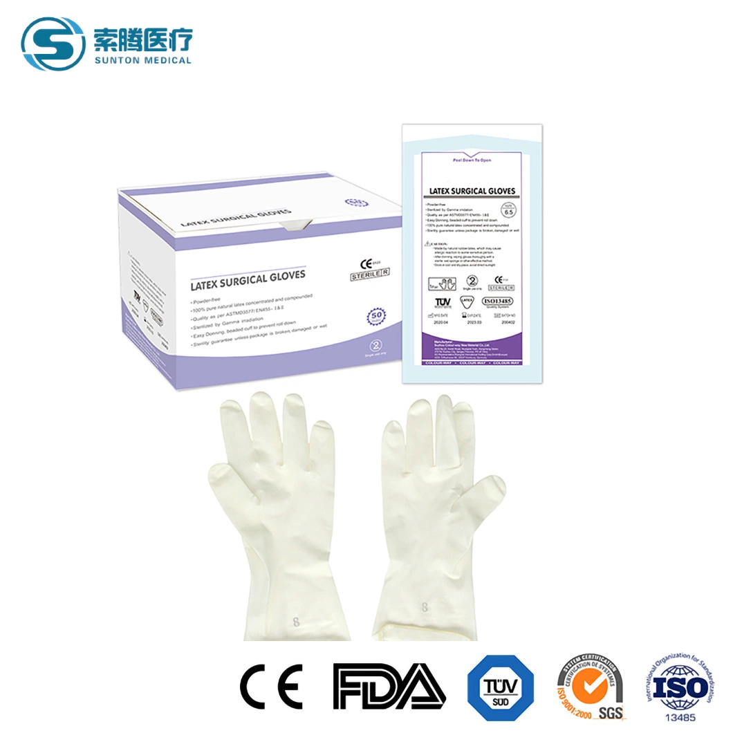 Guantes quirúrgicos sin polvo de gran tamaño Sunton certificación de calidad CE Fábrica de guantes quirúrgicos estériles Guantes de látex baratos muestra disponible de látex Guantes