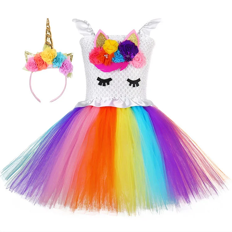 Venta caliente Dulce Traje colorido hada Princesa Unicornio Horn 2-12 Años niña Tutu vestir Niño