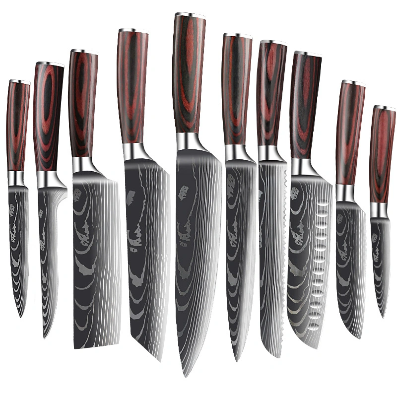 9PCS Sharp Wooden Stainless Steel Santoku Chef Modern Knives Kitchen Knife Set