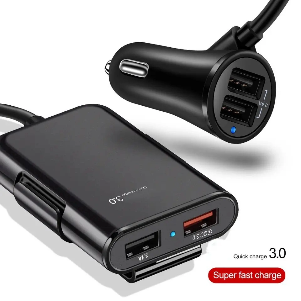 Carregador rápido para automóvel 4 USB Super Fast de 36 W 8 a 1,8 m. Adaptador de carregador de viagem para automóvel para Tablet PC com telemóvel universal