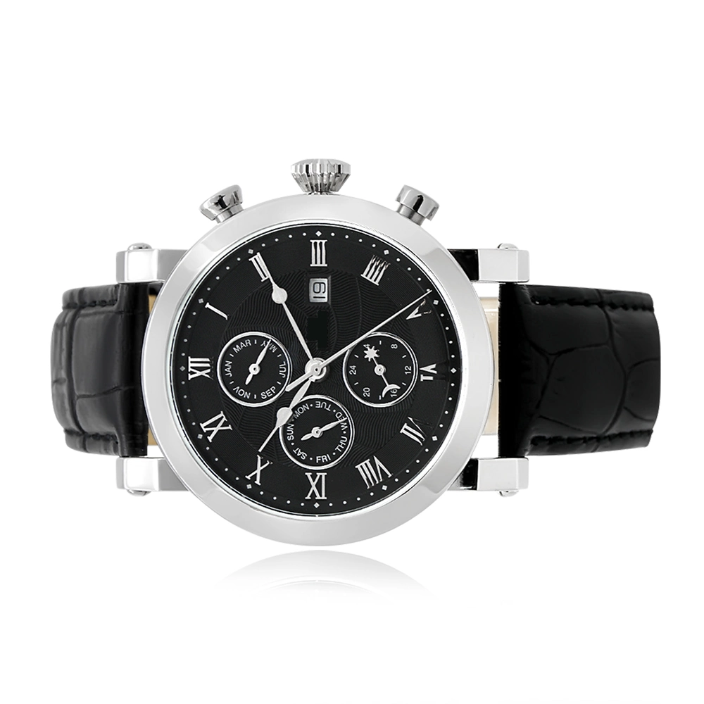 Stainless Steel Case Multi Functional Quartz Watches with Genuine Leather Strap Men Watches