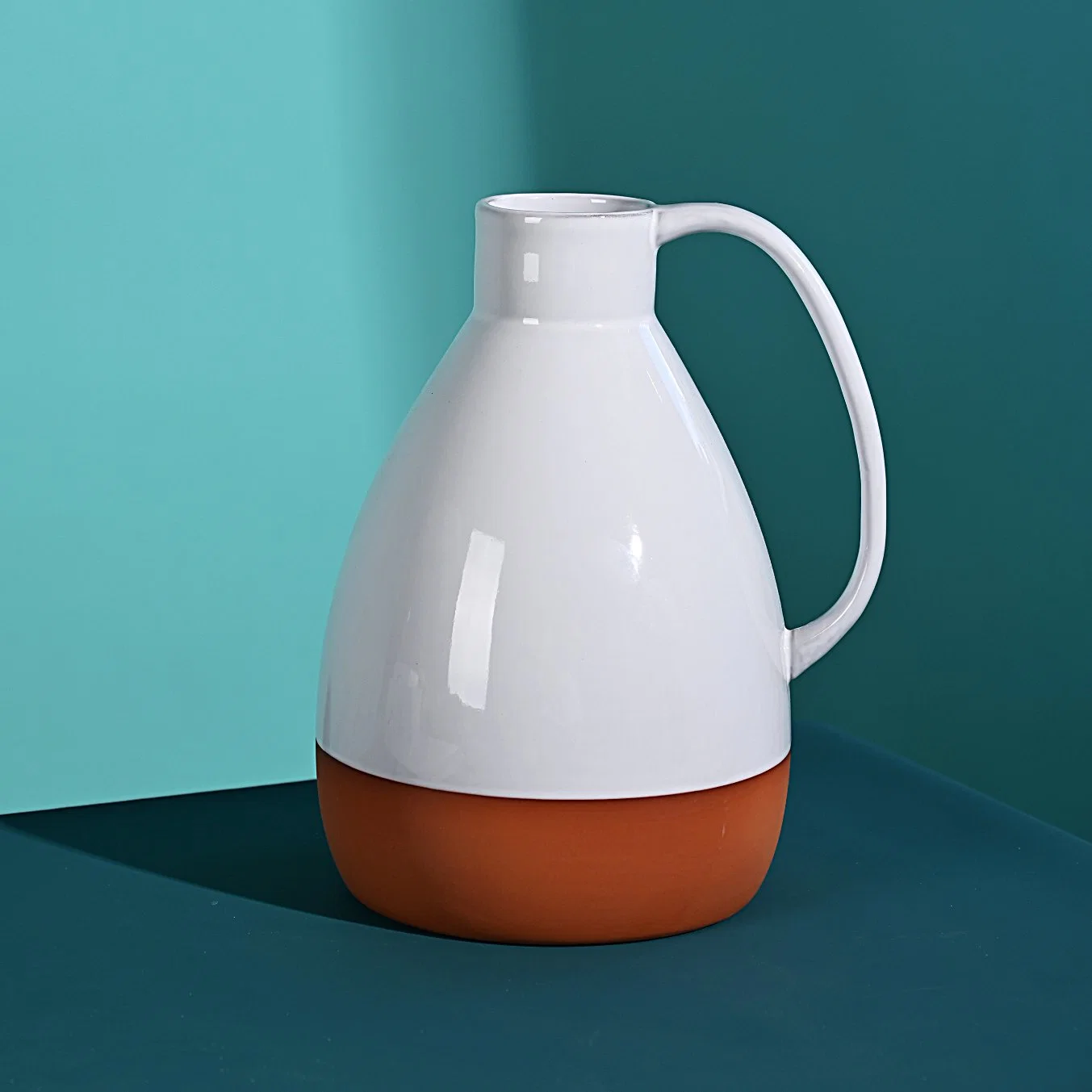 Terracotta White Shiny Glazed Kettle Jug Shaped Flower Pot with Large Thin Single Handle