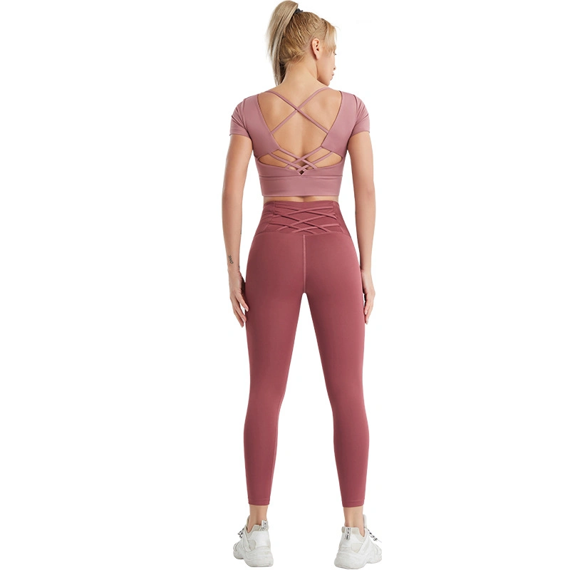Active Wear for Women Solid Back Cross Short Sleeve Slim Fitted Crop High Waist Tummy Control Stretchy Pants Yoga Wear