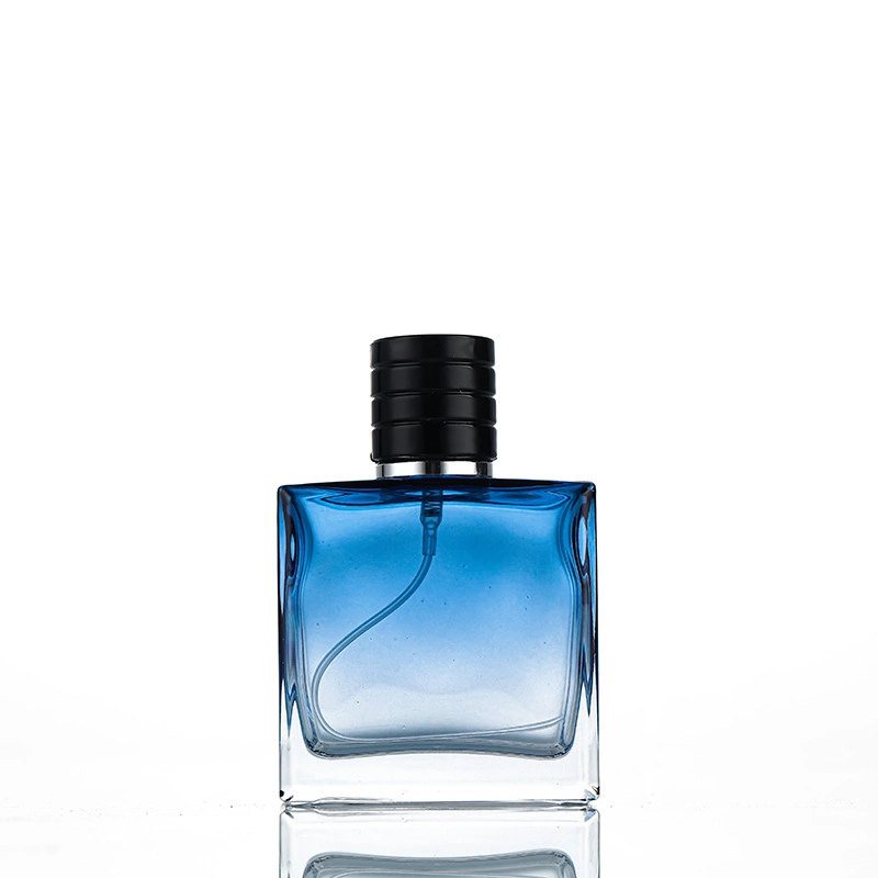 50ml Blue Square Perfume Bottle Crimp Cosmetic Glass 100ml Fragrance Spray Bottle with Black Lids