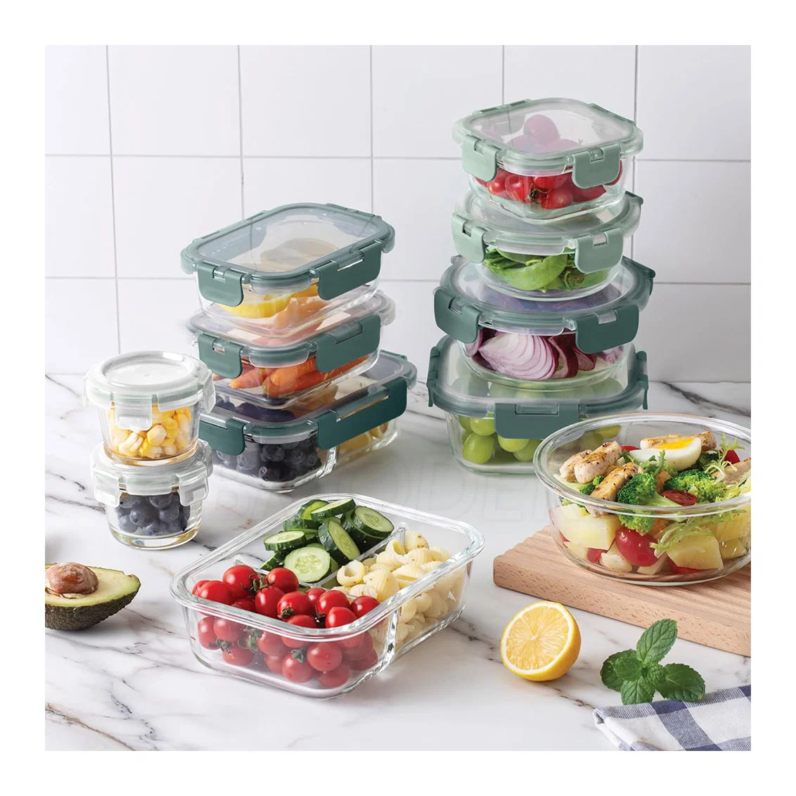 Custom Crisper Microwave Glass Food Storage Bento Lunch Box Glass Container Set with PP Lid