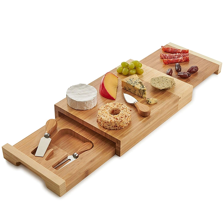 Natural Bamboo Cheese Board & Cutlery Set with Slide-out Drawer and Knife, Charcuterie Platter & Serving Tray, House Warming Gift