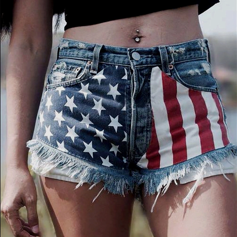 Women Short Jeans American Us Flag Mini Hot Pants Denim Low Waist Washed Distressed Short Jeans Esg14338