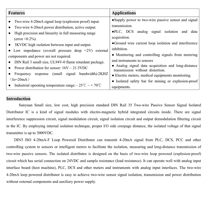 Alimenté par boucle à deux fils du capteur de signal de distributeur d'isolation 4-20 mA