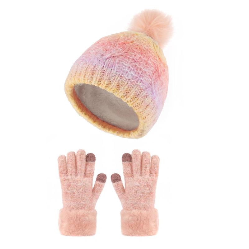 Invierno niños Guantes de pantalla táctil caliente y punto polar PomPom Conjunto de sombreros