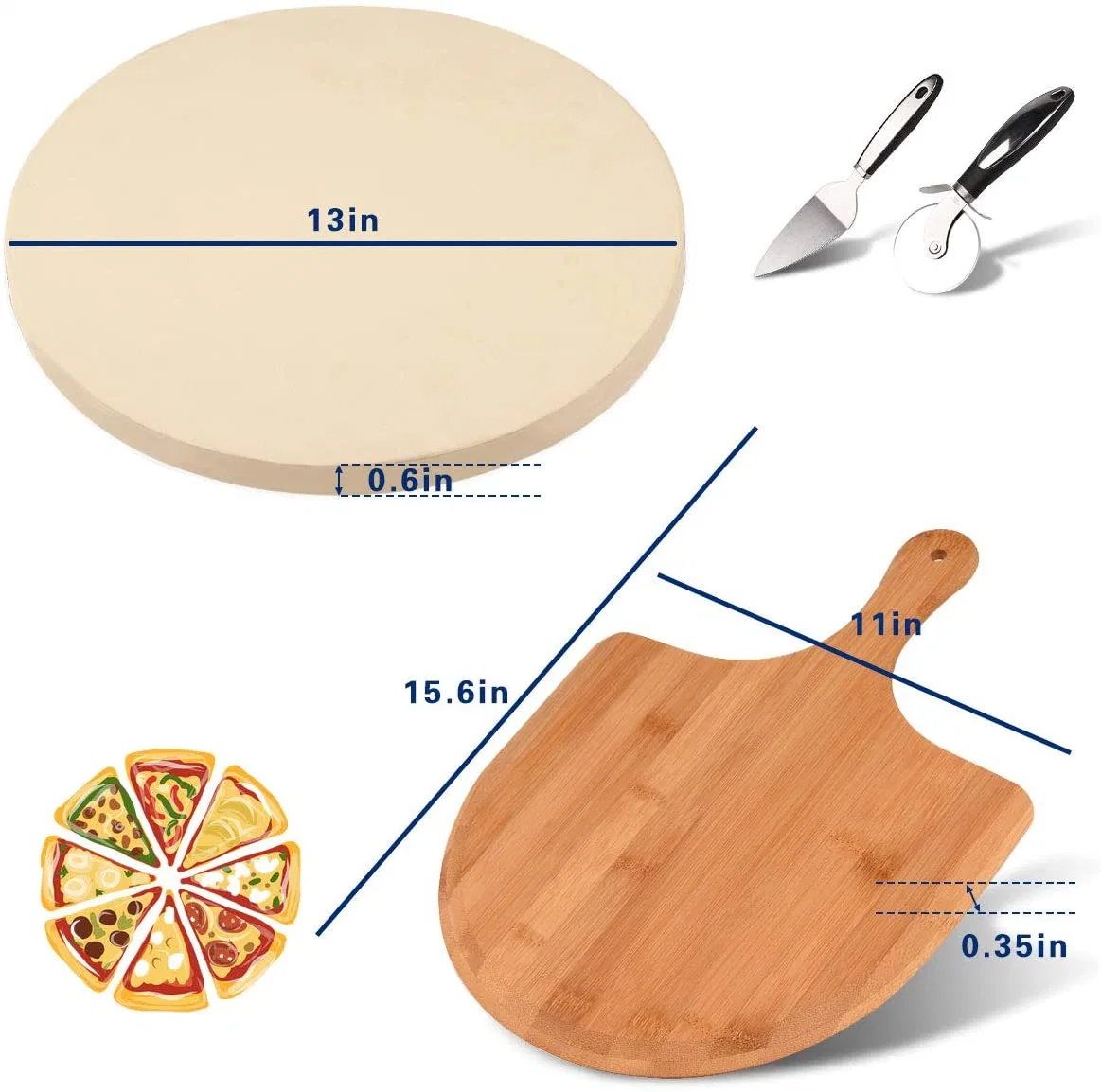 13 Inch Pizza Stone with Wooden Pizza Peel and Stainless Steel Cutter