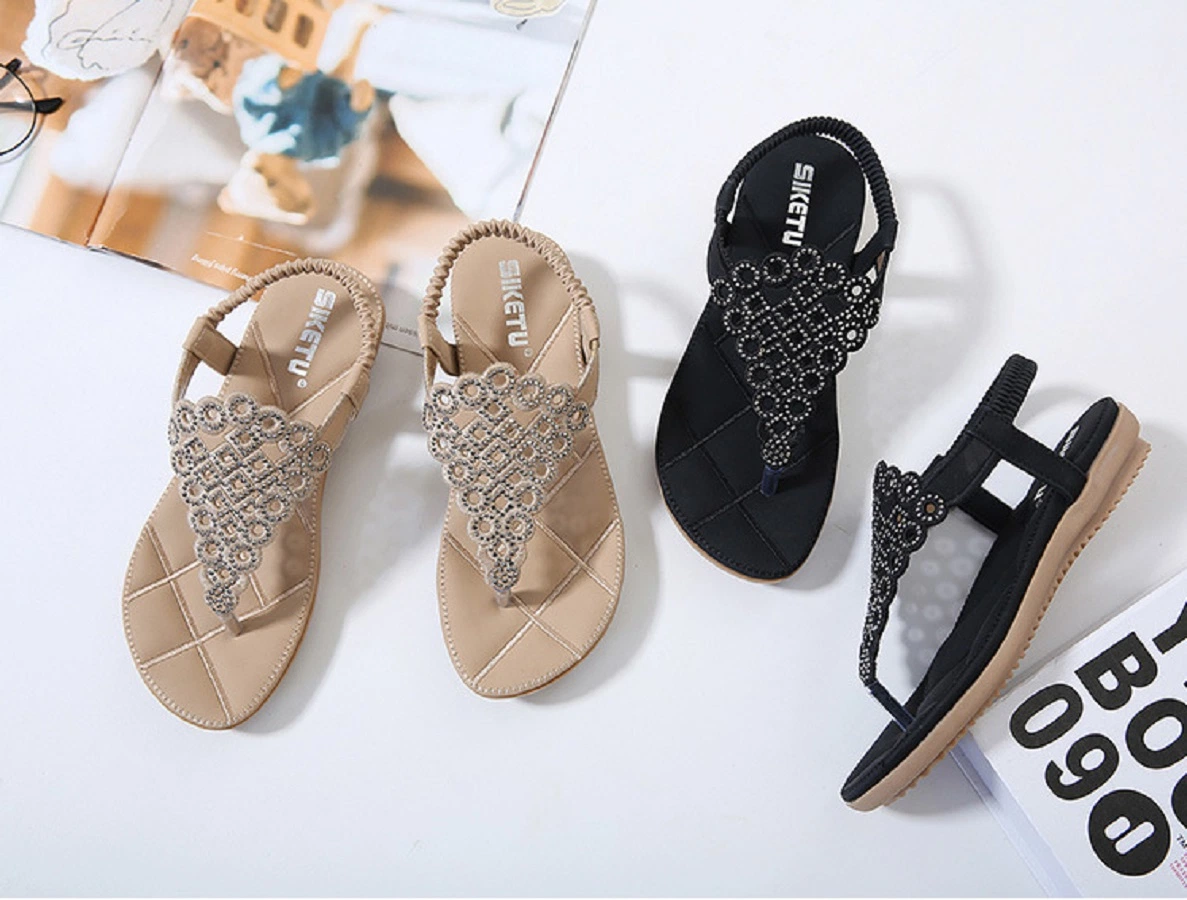 Women Bohemian Flat Sandals, Summer Beach T-Strap Flip Flop Sparkling Rhinestone Walking Sandals Casual Elastic Slip-on Sandals Esg13836