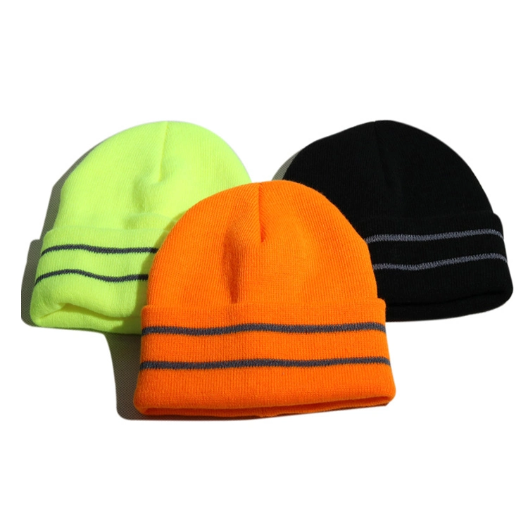 Winter OEM Customized Logo Knitted Cuff Acrylic Outdoor Safety Reflective Hat