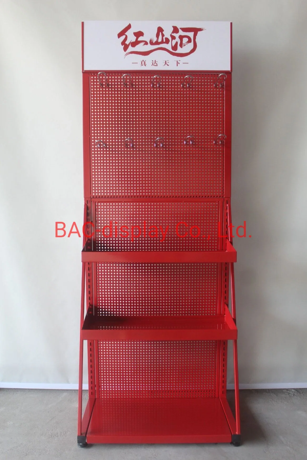 Red Powder Coated Pegboard Metal Advertising Display with Hooks and Shelves