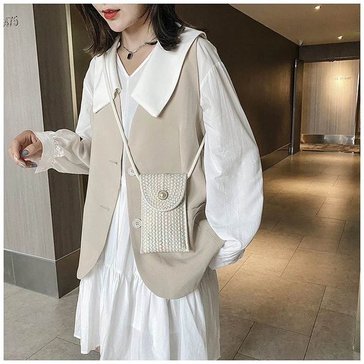 The 2021 New Pearl Contracted Mobile Phone Zero Wallet Cotton Thread Woven Contrast Color Stripe Small Bag