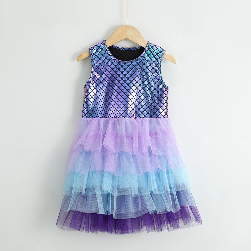 Girls Dress Elsa Mermaid Pommel Skirt Princess Skirt Gradient Scales Gauze Skirt Tutu Cake Skirt