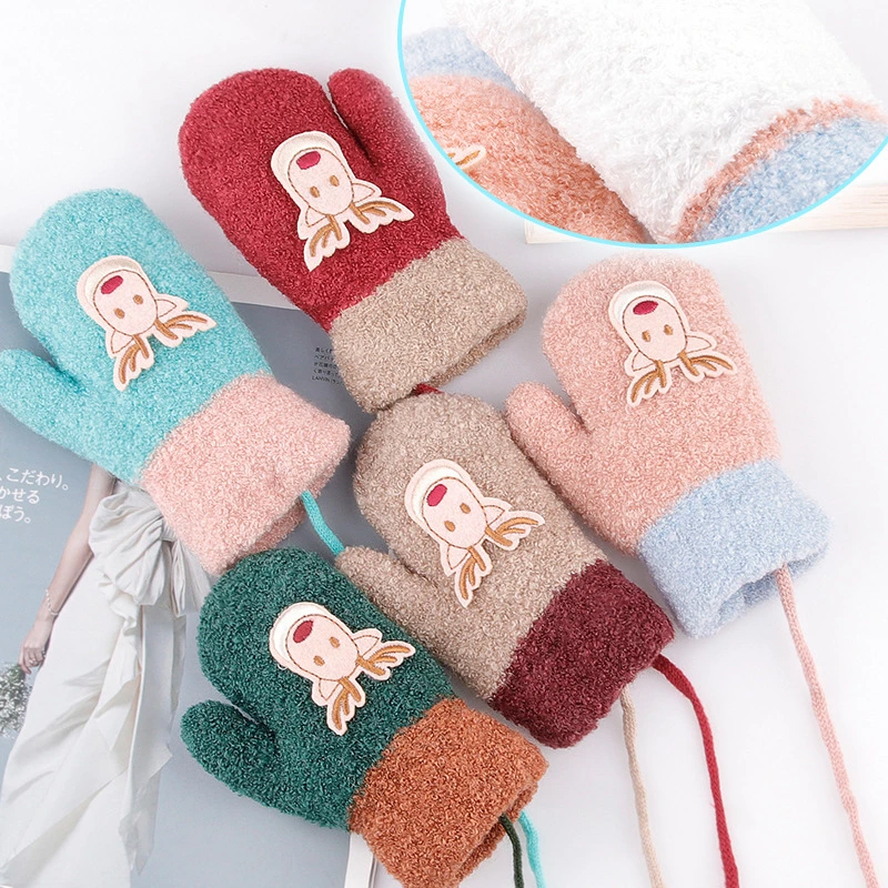 Christmas Deer Winter Children's Padded Thickened Cartoon Cute Knitted Small and Medium Children's Baby Hanging Neck Wrapped Finger Warm Gloves