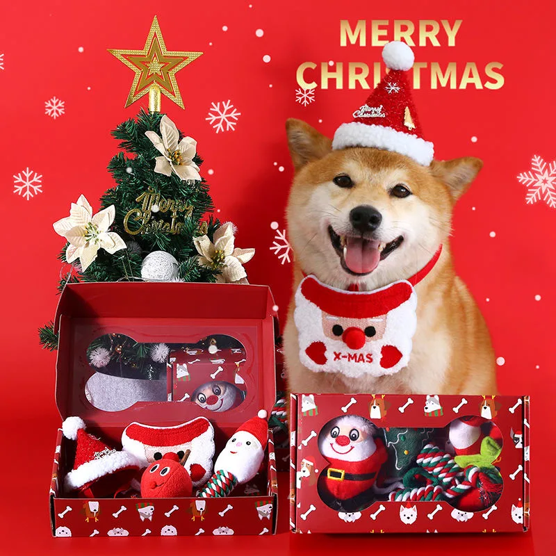 Adornos de Navidad Dog Toys Pack 4 Pet Bufanda Hat regalo Caja