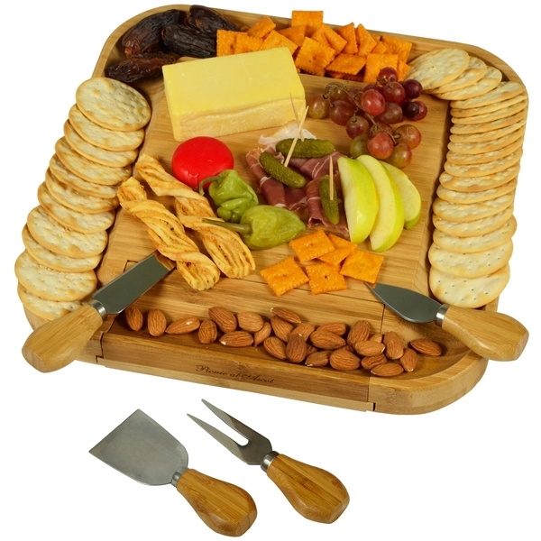 Bamboo Cheese Tray with Knife Set in a Hidden Drawer