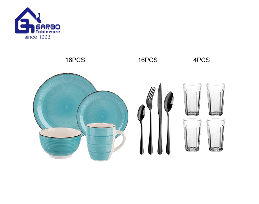 36PCS vaisselle ensemble de table 16 PCS vaisselle en céramique ensemble 16 PCS Ménagère ensemble 4 PCS Blue Color Glass Cups