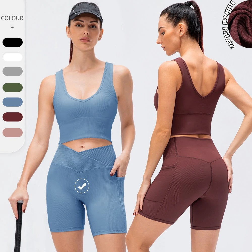 Wide Strap Design Reversible Wear Match Solid Color Sports Shorts Suitable Tennis Gym Fitness Women&prime; S Yoga Sets