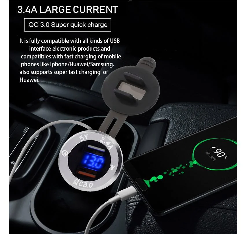 Cargador USB para el coche para el teléfono, salida doble QC3,0