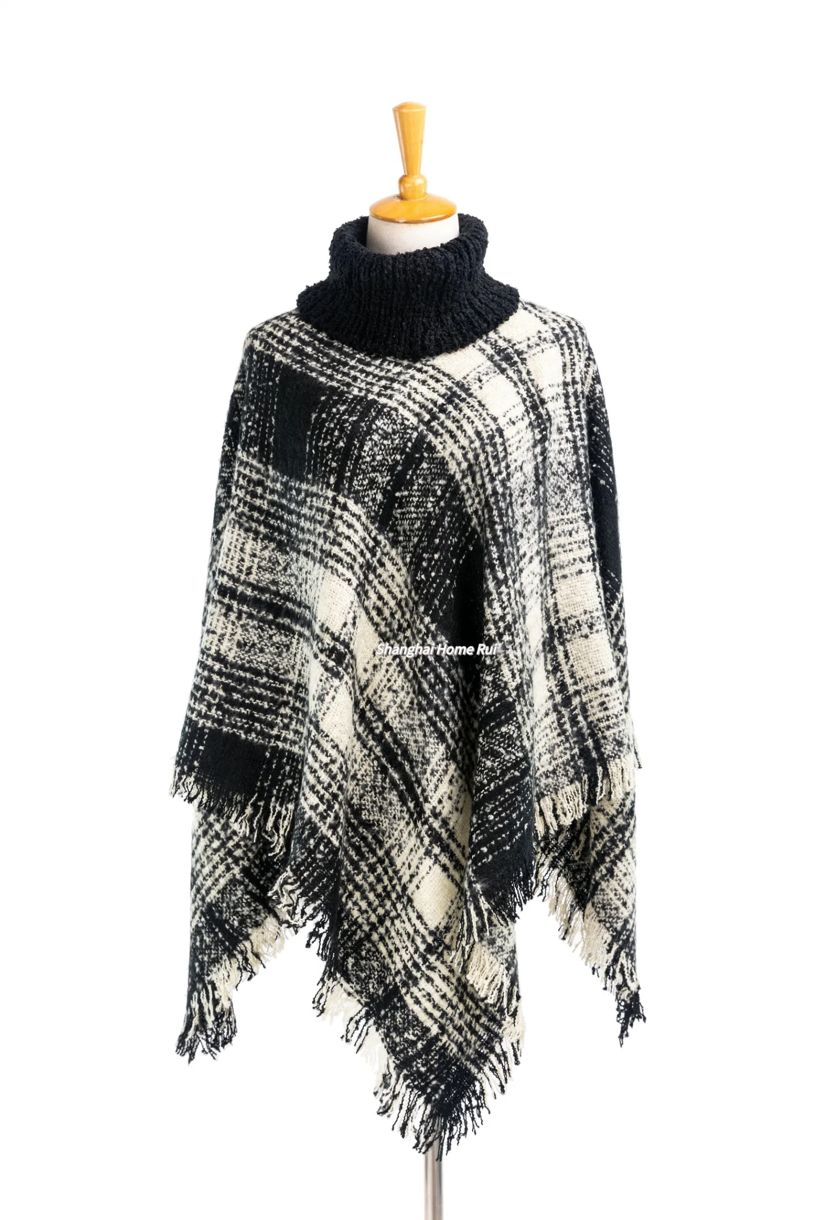 Home Rui Outerwear Spring Autumn Woman Warmth Black Beige Apparel Accessory Boucle Fringe Oversize Pullover Lattice Tartan Grids Turtleneck Shawl Cloak Cape