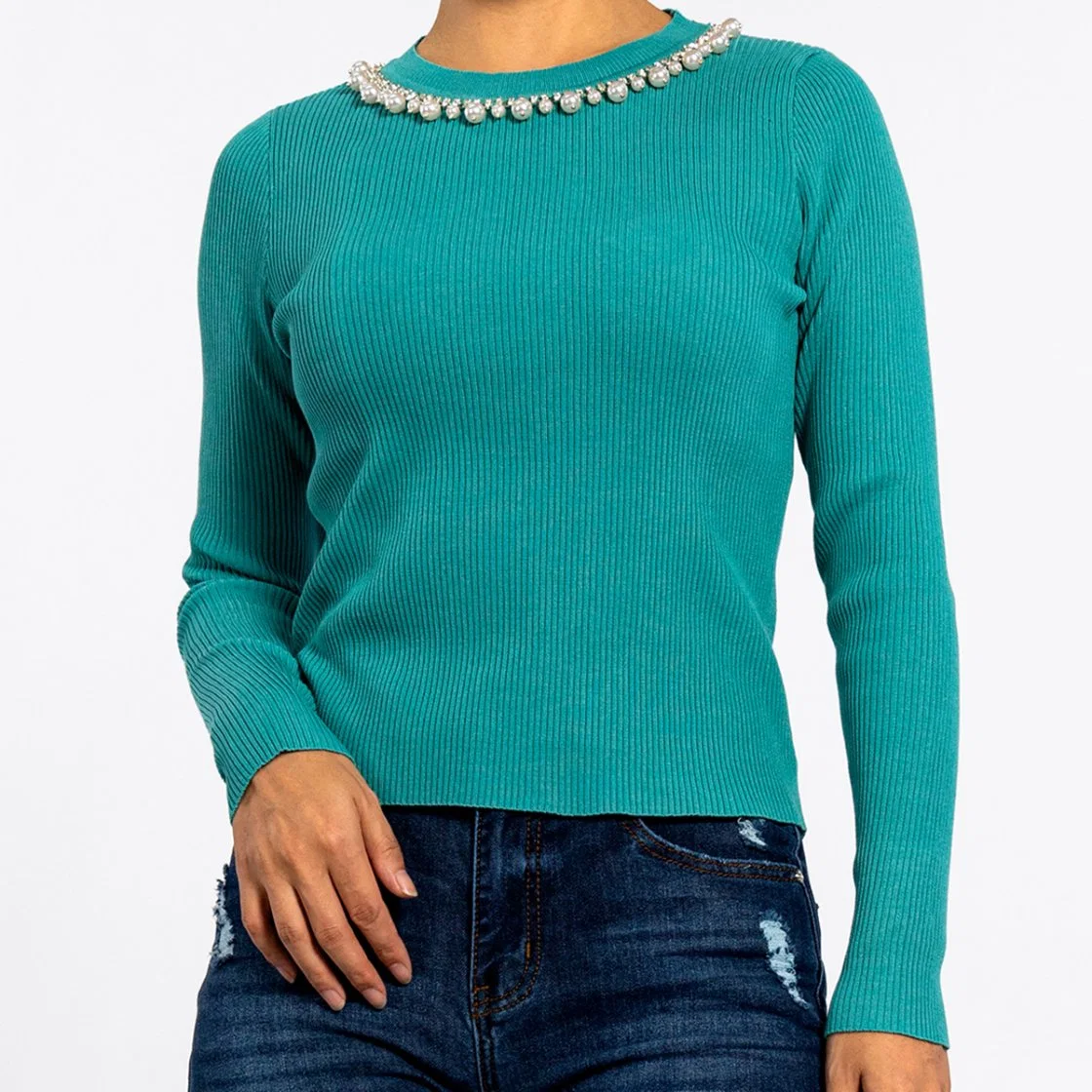 Women's Round Neck Pearl Decorative Collar Bottoming Knit Tops Green Sweater Pullover