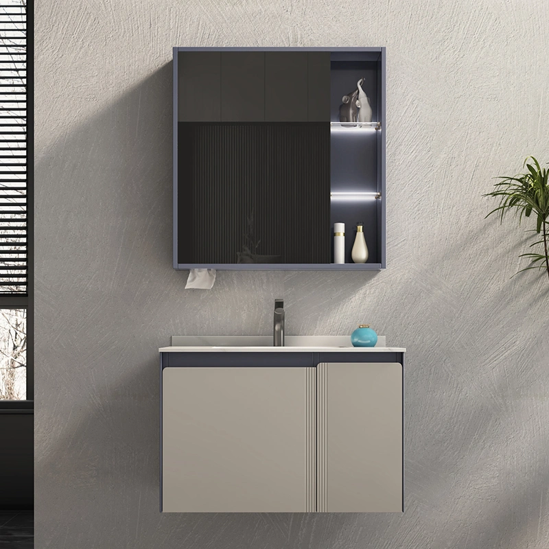 Floating Seamless Marble Wash Basin Cabinet Set Bathroom Vanity with Waterproof Mirror Cabinet