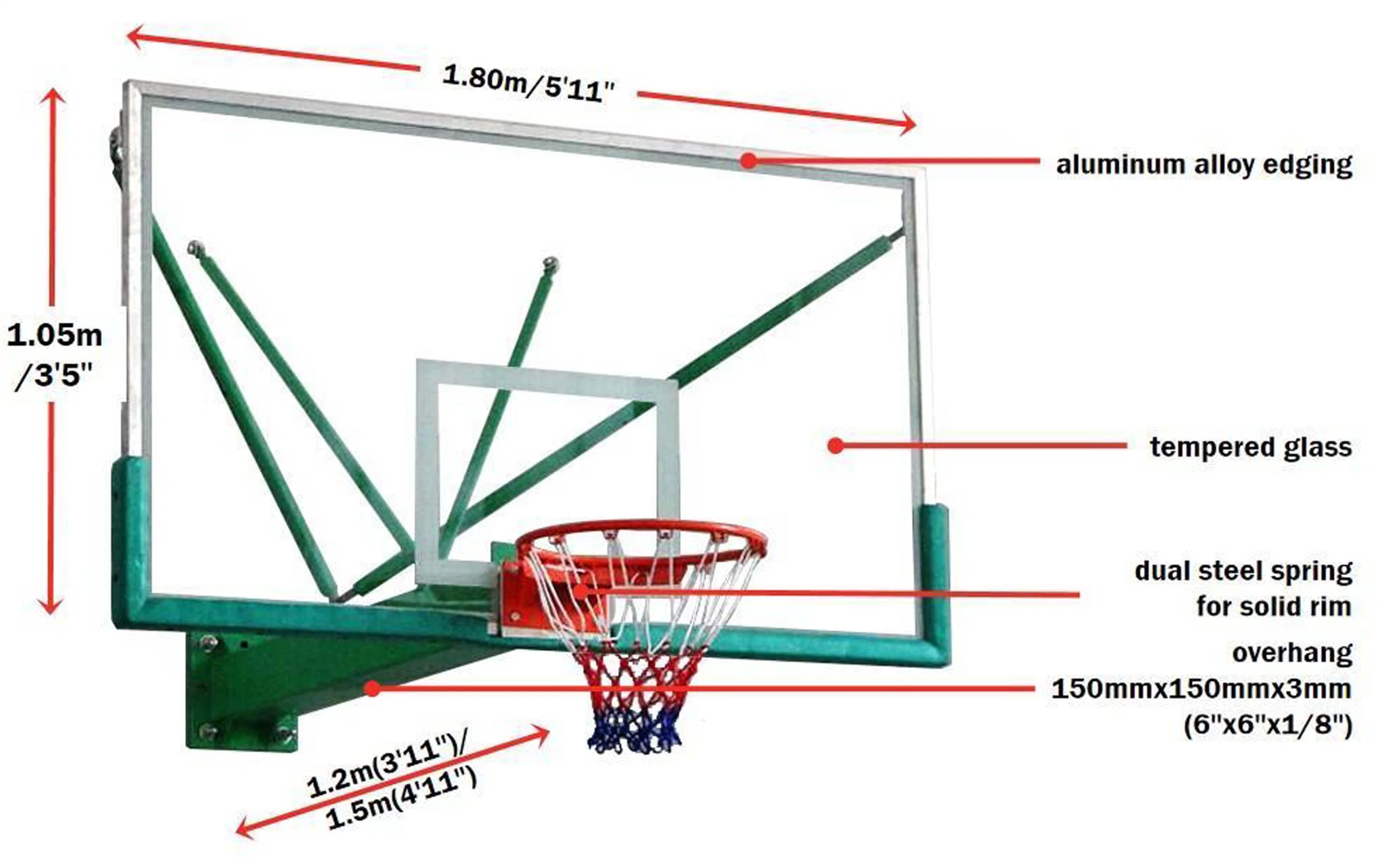 72 Wall Mount Basketball Hoop Goal/Stand Standard Tempered Glass Backboard Indoor/Outdoor Reinforcement Material