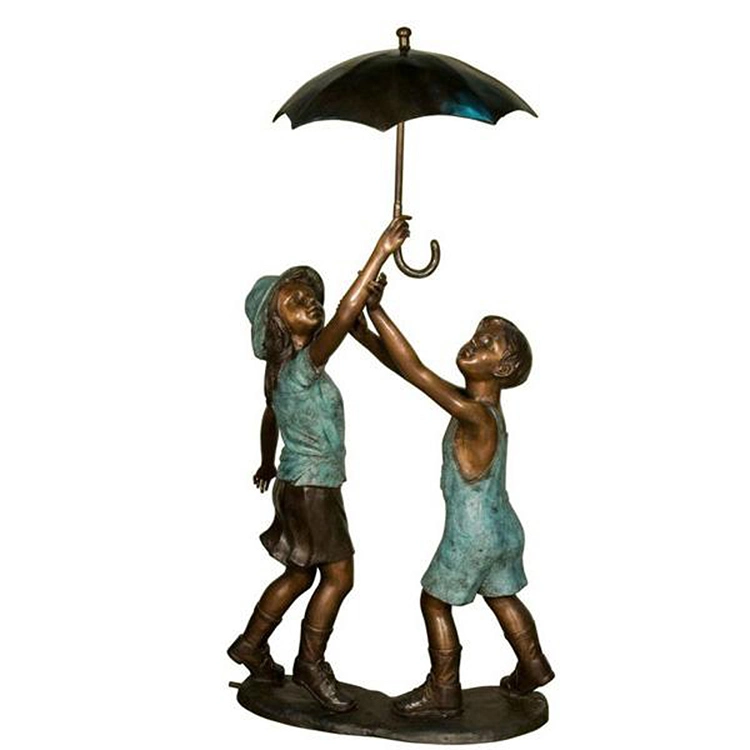 Jardin Décoration extérieure Taille personnalisée Fontaine à eau parapluie fille Sculpture en bronze