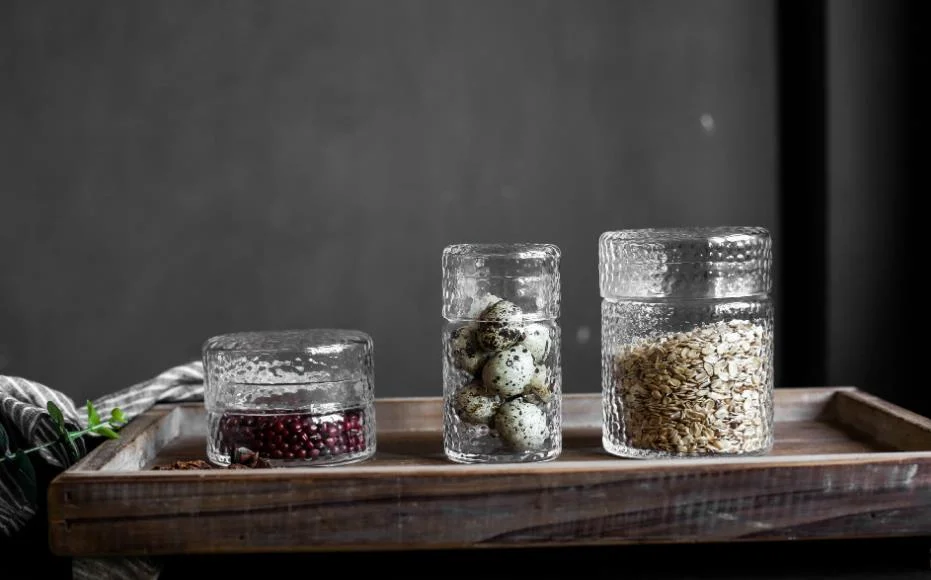 Tanque de Almacenamiento de vidrio transparente con el patrón de martillo/vidrio juego de té de hierbas/Straight pote de té de flores dulces Canister Cartucho de almacenamiento