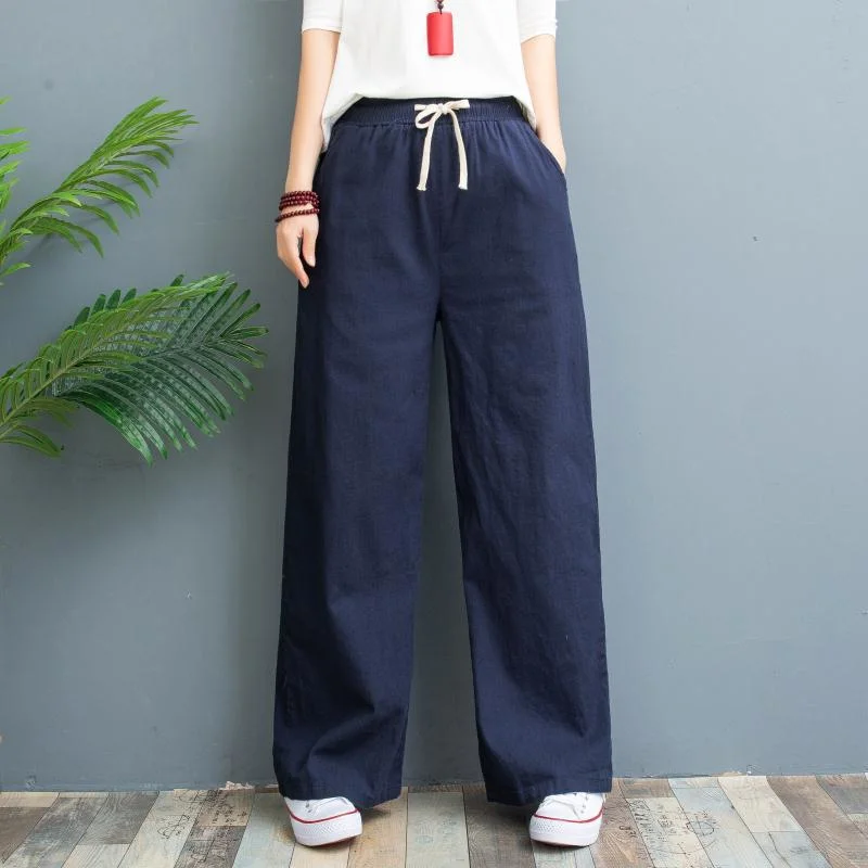 Fashion Garment Ladies Bottom Women Trousers Loose Linen Wide Leg Casual Pants