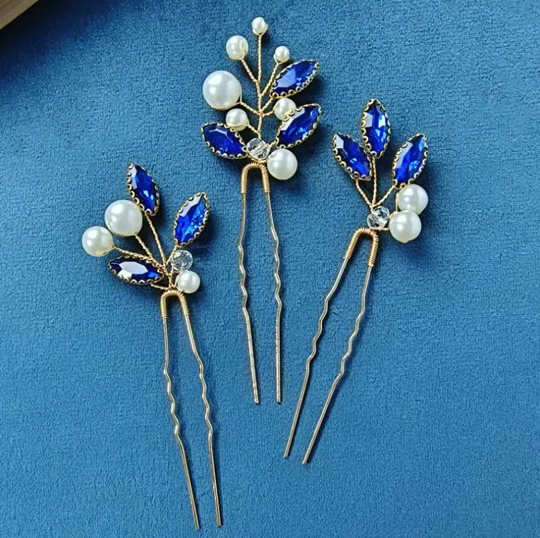 Blue Stone Hair Pin Hair Stick. Bridal Wedding Pearl Hair Pin Hair Stick.