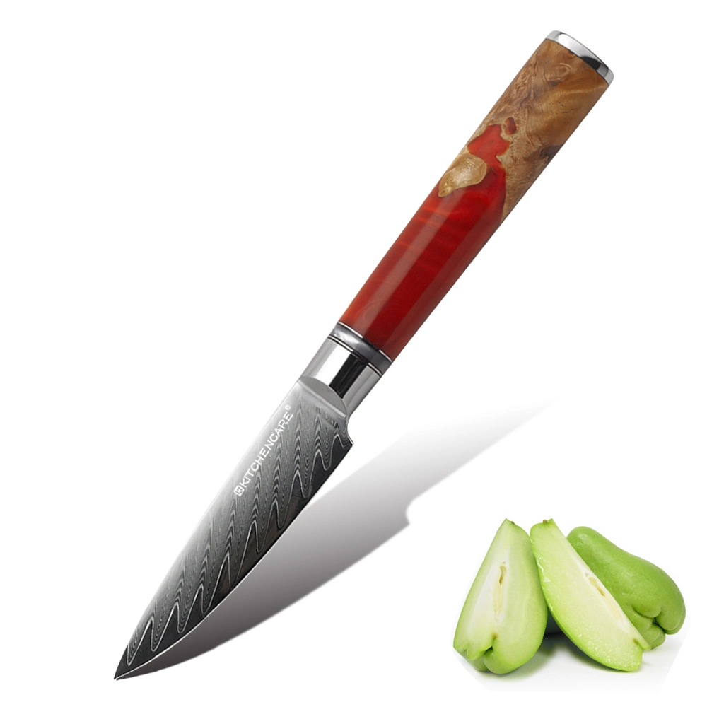 Hip-Home de 3,5 pulgadas de acero de Damasco de recortar la cuchilla con empuñadura roja cuchillo de cocina