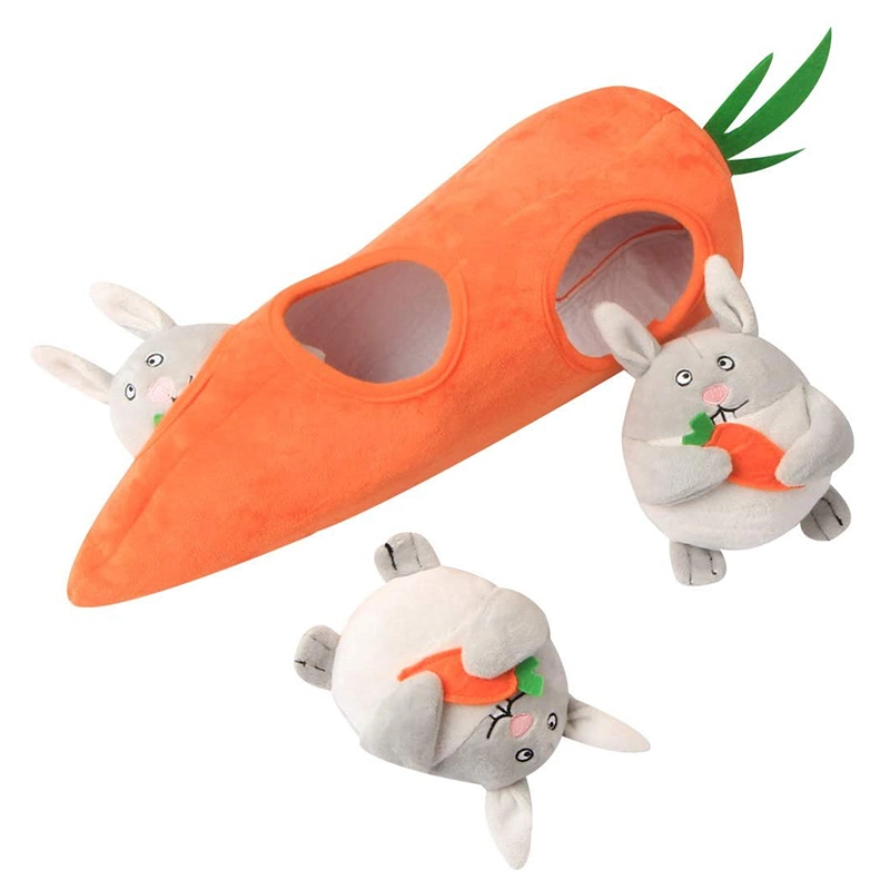 Rabbit and Carrot Multi-Hole Hide and Seek Dog Plush Toys Interactive Squeaky Plush Dog Toy Pet Toys for Small Medium Dogs