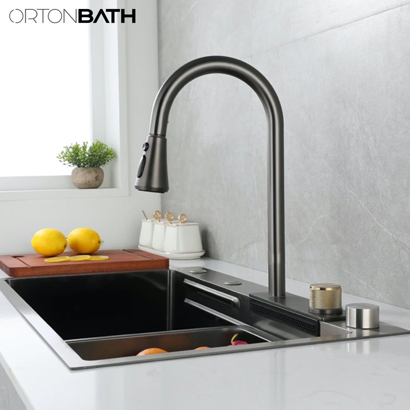 Ortonbath New Trending Black Step Kitchen Sink 304 Stainless Steel Handmade Above Faucet Farmhouse Kitchen Sink Set Black