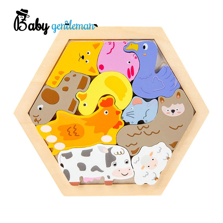 Montessori Educational Cartoon Farm Animal Wooden Hexagon Puzzle for Kids Z14359A