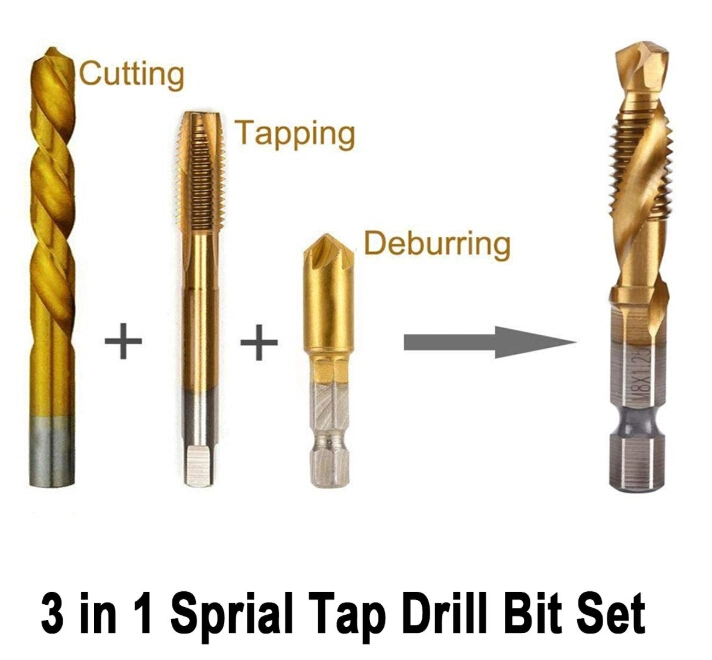 6 PCS 1/4" HSS Spiral Hex Shank Combination Drill Screw Tap Bit Set (M3-M10) with Automatic Spring Loaded Center Punch Tool