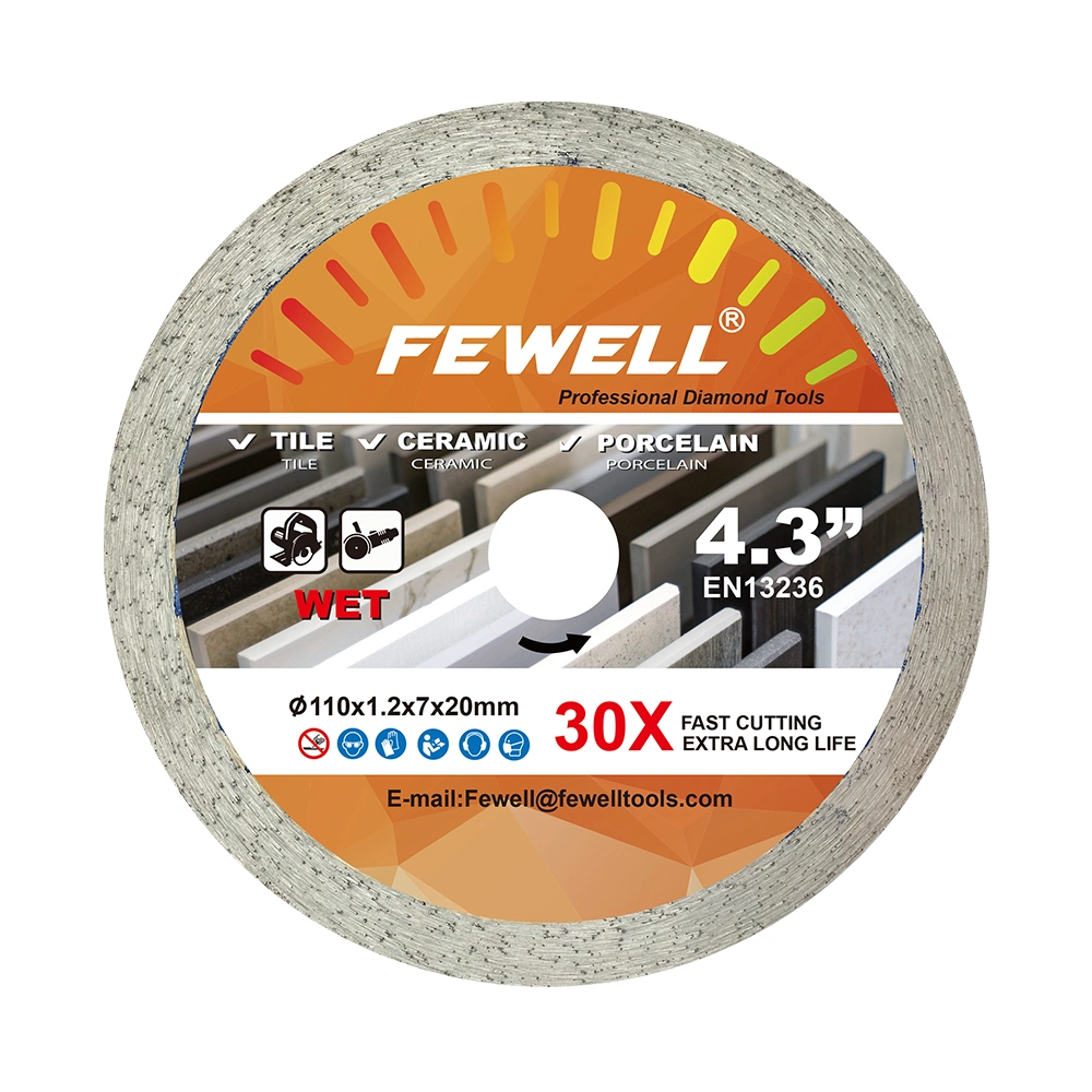 110*1.2*7*20mm 4.3inch Hot Press Continuous Rim Diamond Disc Small Saw Blade for Wet Cutting Ceramic Tile Porcelain