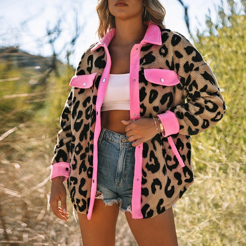 Neon Pink Contrast Trimmed Leopard Teddy Shackets Flannel Women Long Sleeve Shacket Jacket Coat Shacket