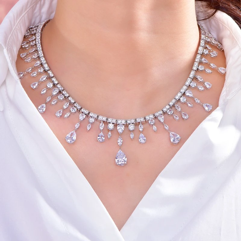 Necklaces 5A Cubic Zirconia Classic Tennis Necklace Moissanite Aquamarine Crystal Necklace