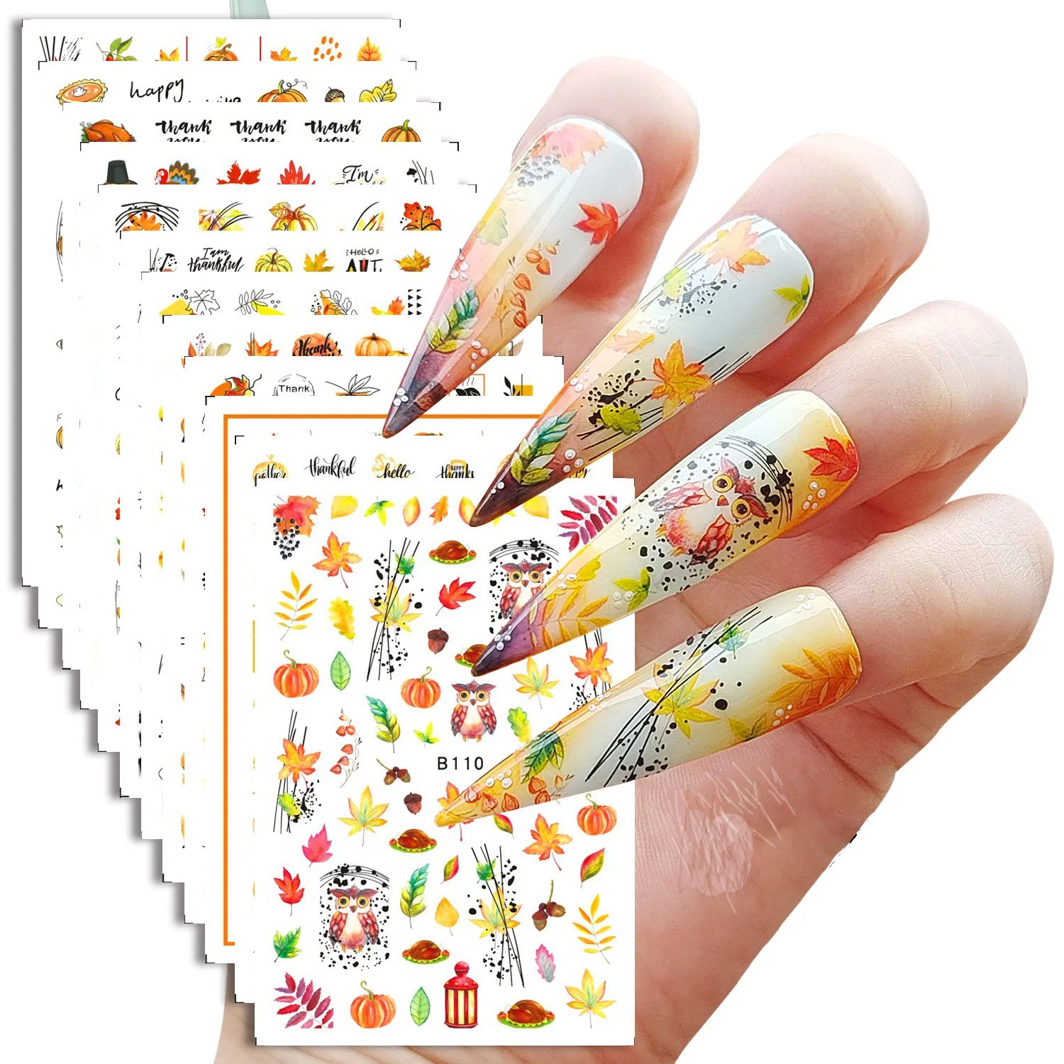 2023 Fall Thanksgiving Day Mixed Pumpkin Autumn Leaves Turkey Owl Hat Nail Art Stickers