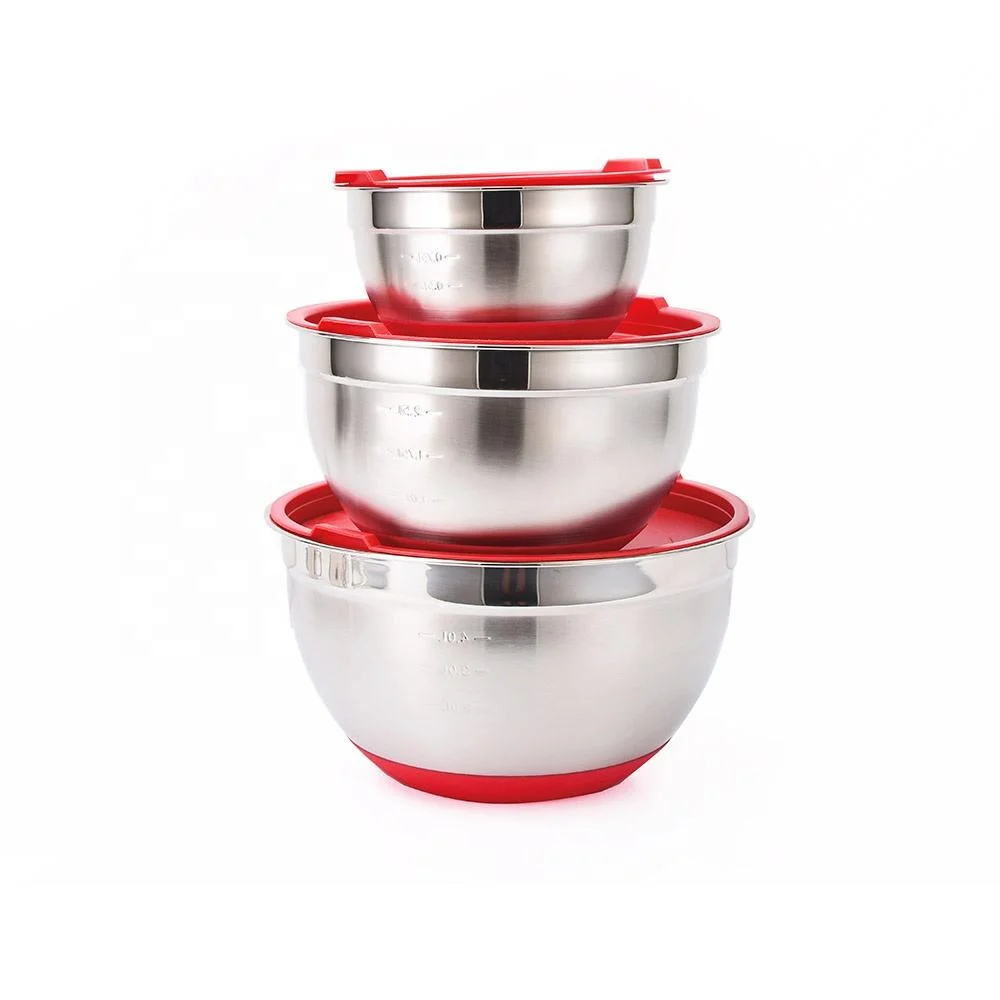 304 Stainless Steel Salad Mixing Bowls with Cover Lid and Non-Skid Silicone Base