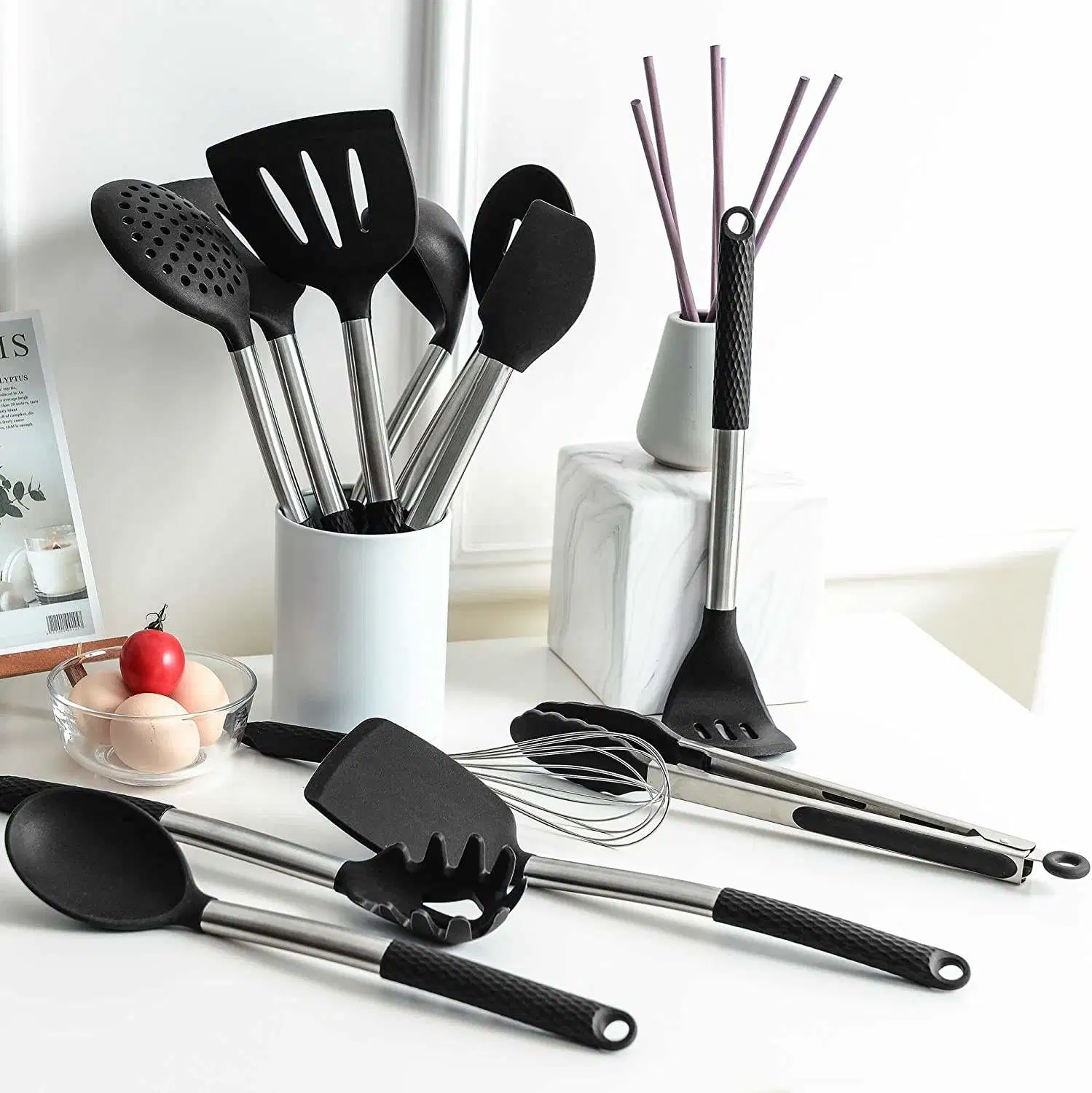 Super Septiembre silicona Herramientas de cocina Juego Utensilios de cocina Kit silicona Utensilios de cocina con mango de acero inoxidable