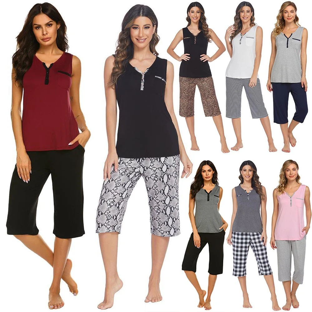 Sleeveless V Neck Loungewear Ladies Sleepwear Two Pieces Pajamas for Women Set with Two Pocekcts